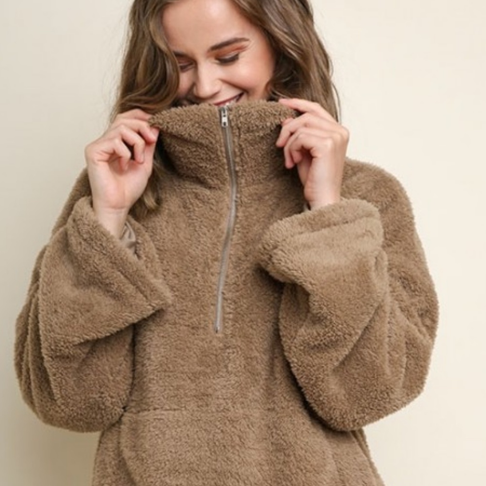 Long Sleeve Fuzzy Knit Half Zip Pullover Sweater